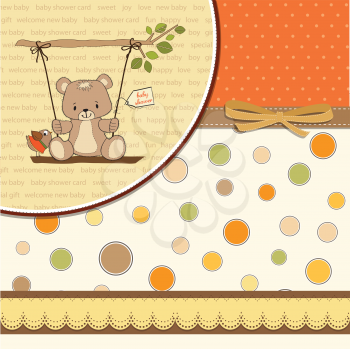 Royalty Free Clipart Image of a Baby Shower Invitation With a Bear on a Swing