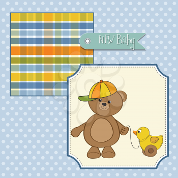 Royalty Free Clipart Image of a New Baby Announcement With a Bear and a Duck