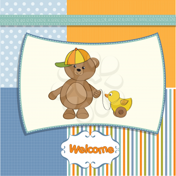 Royalty Free Clipart Image of a Welcome Card With a Bear and a Duck