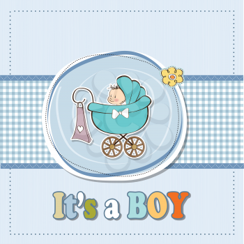 Royalty Free Clipart Image of a Baby Boy Birth Announcement With a Carriage