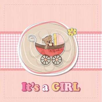 Royalty Free Clipart Image of a Baby Girl Shower Card With a Carriage