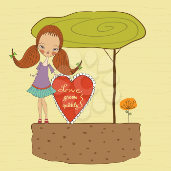 Royalty Free Clipart Image of a Girl Beneath a Tree Holding a Valentine