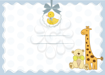 Royalty Free Clipart Image of a Card in Blue With Baby Animals