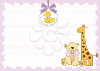 Royalty Free Clipart Image of a Pink Card With Baby Animals