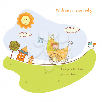 Royalty Free Clipart Image of a Birth Announcement With a Baby in a Carriage
