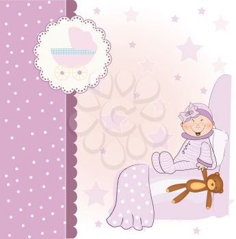 Royalty Free Clipart Image of a Baby Girl on a Pink Background With a Buggy