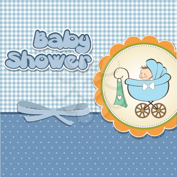 Royalty Free Clipart Image of a Baby Boy in a Pram on a Shower Invitation