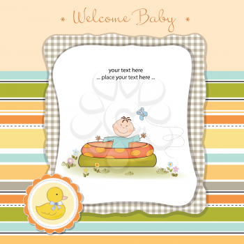 Royalty Free Clipart Image of a Welcome Baby Card With a Baby in a Wading Pool