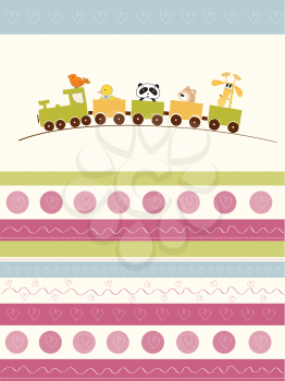 Royalty Free Clipart Image of a Card With a Train Full of Animals