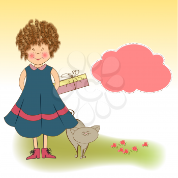 Royalty Free Clipart Image of a Little Girl Holding a Gift With a Cat Beside Her