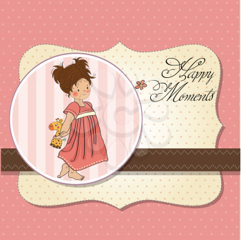 Royalty Free Clipart Image of a Little Girl Holding a Toy Giraffe