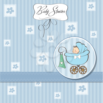 Royalty Free Clipart Image of a Baby Shower Invitation With a Baby in a Buggy