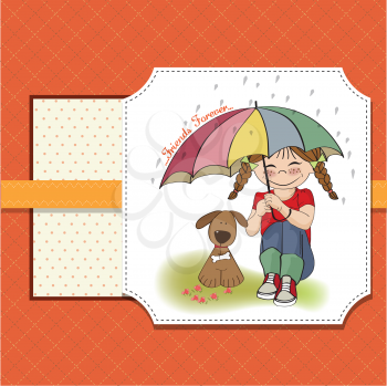 Royalty Free Clipart Image of a Girl and Her Dog Under an Umbrella