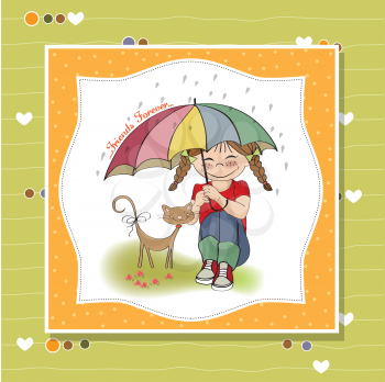 Royalty Free Clipart Image of a Little Girl and Her Cat Under an Umbrella