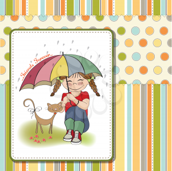Royalty Free Clipart Image of a Cat and Girl Under an Umbrella