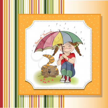 Royalty Free Clipart Image of a Girl and a Cat Under an Umbrella