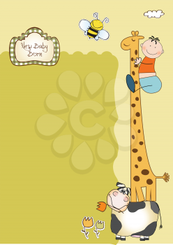 Royalty Free Clipart Image of a Birth Announcement With a Baby and Animals