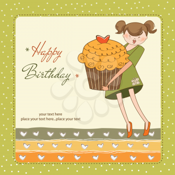 Royalty Free Clipart Image of a Birthday Cake With a Girl Holding a Large Cupcake