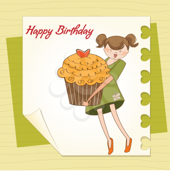 Royalty Free Clipart Image of a Birthday Card With a Girl Holding a Cupcake