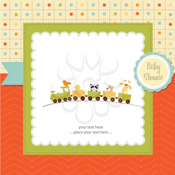 Royalty Free Clipart Image of a Train of Animals on a Baby Shower Card