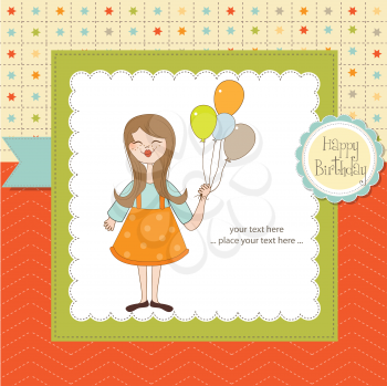 Royalty Free Clipart Image of a Happy Birthday Card With a Girl Holding Balloons