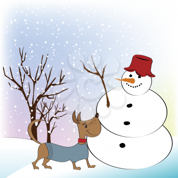 Royalty Free Clipart Image of a Dog and Snowman