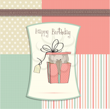 Royalty Free Clipart Image of an Elephant in a Gift on a Birthday Card
