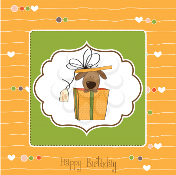 Royalty Free Clipart Image of a Dog in a Gift on a Birthday Card