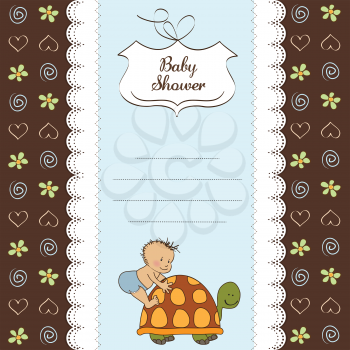 Royalty Free Clipart Image of a Baby Shower Invitation With a Child on a Turtle