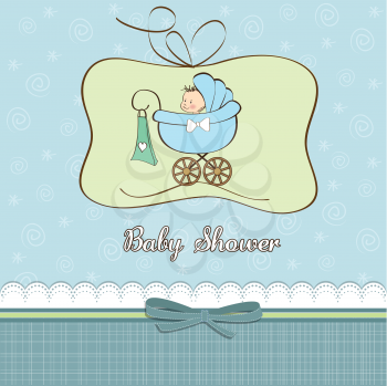 Royalty Free Clipart Image of a Baby Boy in a Buggy on a Shower Invitation