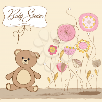 Royalty Free Clipart Image of a Teddy Bear and Flowers on a Baby Shower Card
