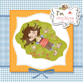 Royalty Free Clipart Image of a Little Girl Lying on the Lawn