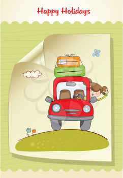 Royalty Free Clipart Image of a Woman Travelling in a Car on Holidays