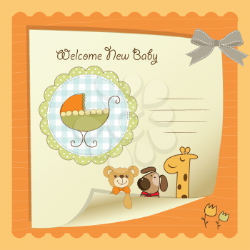 Royalty Free Clipart Image of a Baby Announcement Card With Animals and a Buggy