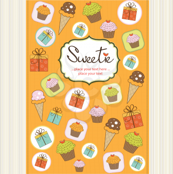 Royalty Free Clipart Image of a Card With Treats and Gifts on It