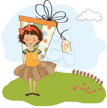 Royalty Free Clipart Image of a Little Girl Hiding a Gift