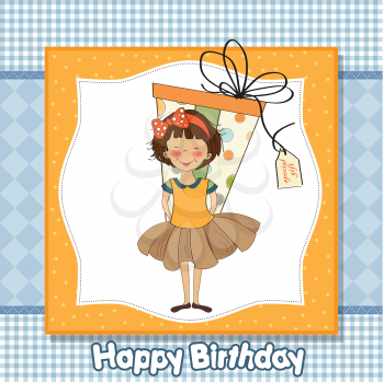 Royalty Free Clipart Image of a Girl With a Gift on a Birthday Card
