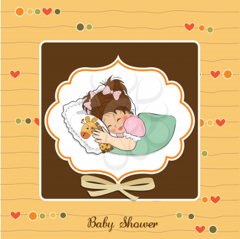 Royalty Free Clipart Image of a Baby Shower Card With a Little Girl Holding a Toy Giraffe