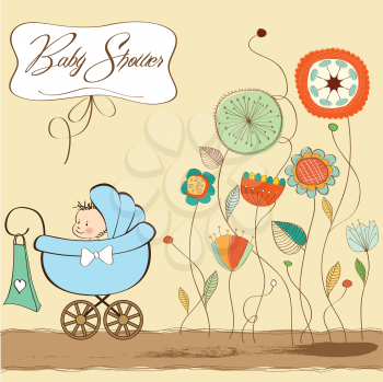 Royalty Free Clipart Image of a Baby Shower Card With a Buggy and Abstract Flowers