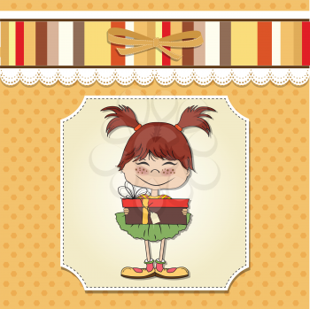 Royalty Free Clipart Image of a Girl Holding a Present on a Yellow Background With Stripes Across the Top