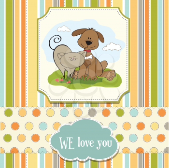 Royalty Free Clipart Image of a Message of Love With a Cat and Dog