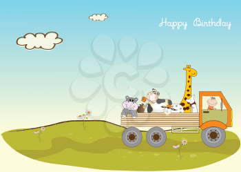Royalty Free Clipart Image of a Birthday Greeting With a Truck Carrying Animals