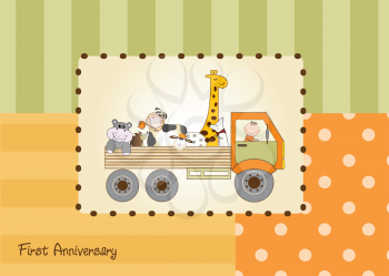Royalty Free Clipart Image of a Birthday Greeting With Animals in a Truck