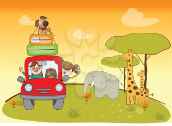 Royalty Free Clipart Image of a Family on Vacation With Animals Beside the Car
