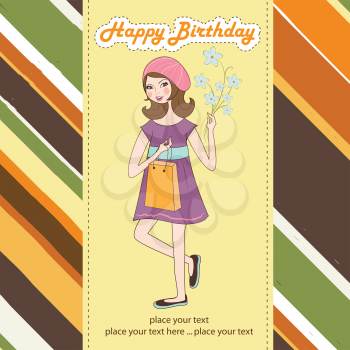 Royalty Free Clipart Image of a Girl on a Happy Birthday Greeting