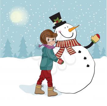 Royalty Free Clipart Image of a Girl With a Snowman