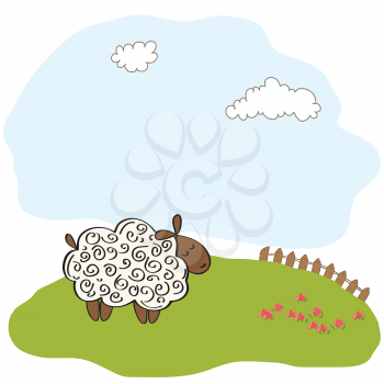 Royalty Free Clipart Image of a Sheep on a Hill
