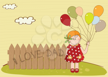 Royalty Free Clipart Image of a Father's Day Card With a Girl Holding Balloons