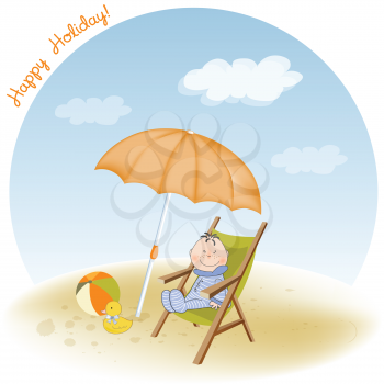 Royalty Free Clipart Image of a Little Boy on a Chair at the Beach