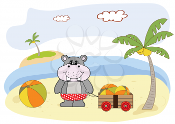 Royalty Free Clipart Image of a Hippo at the Beach
